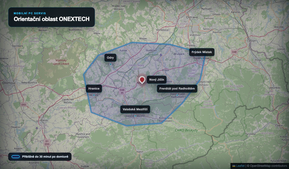 Orientační oblast mobilního servisu ONEXTECH od Hranic a Oder po Frýdek Místek a Valašské Meziříčí
